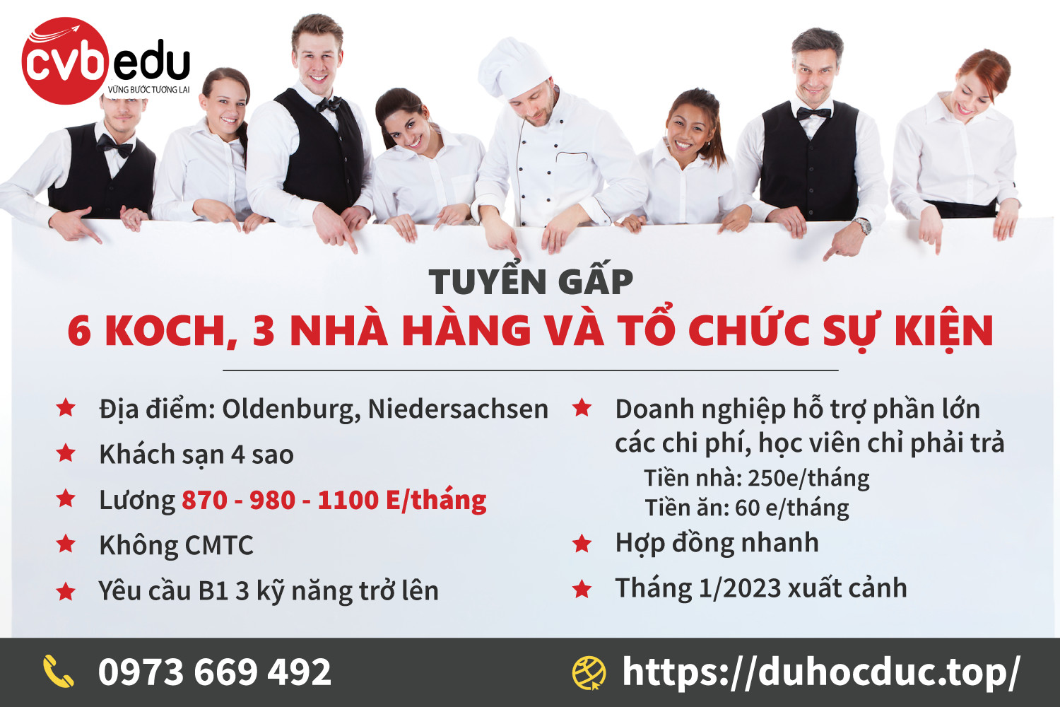 [Tuyển gấp] 6 suất đầu bếp, 3 suất nhân viên nhà hàng và tổ chức sự kiện tại Đức