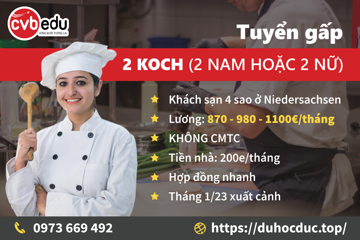 Tuyển gấp 2 đầu bếp (2 nam hoặc 2 nữ) về Niedersachsen