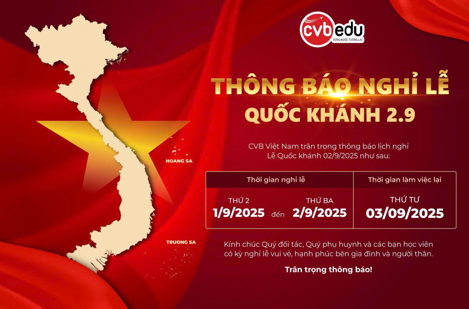 THÔNG BÁO LỊCH NGHỈ LỄ QUỐC KHÁNH 2/9 NĂM 2025